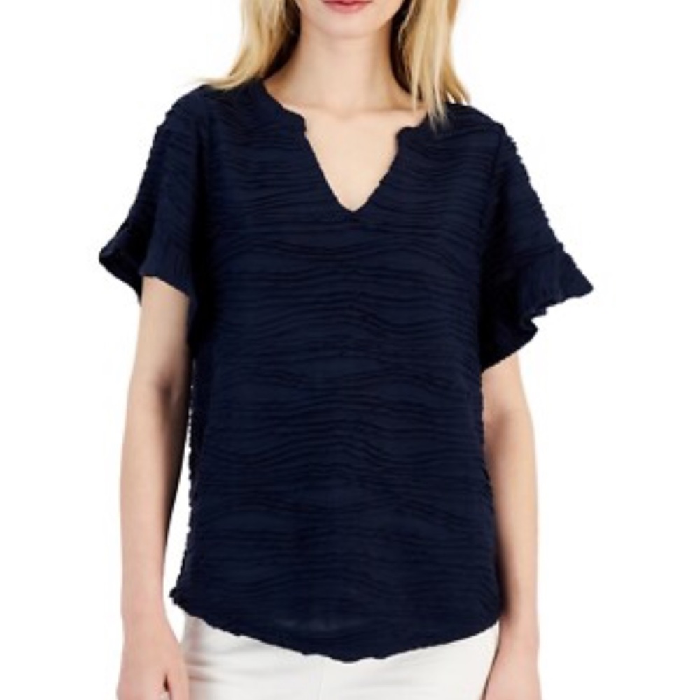 Willow Drive Dark Blue Short Sleeve V-Neck Textured Top. Size Large